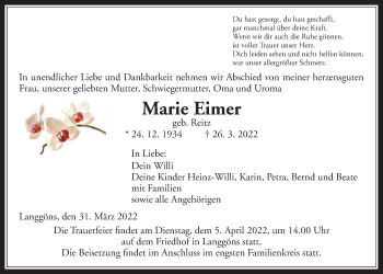 Traueranzeige von Marie Eimer von Giessener Allgemeine, Alsfelder Allgemeine, Giessener Anzeiger