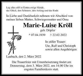 Traueranzeige von Marie-Luise Kröll von Laubacher Anzeiger