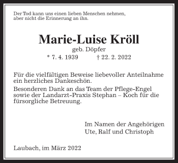 Traueranzeige von Marie-Luise Kröll von Laubacher Anzeiger