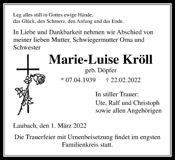 Traueranzeige von Marie-Luise Kröll von Giessener Allgemeine, Alsfelder Allgemeine