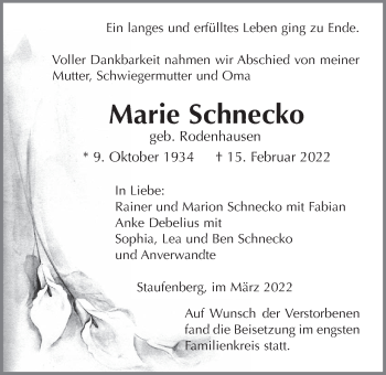 Traueranzeige von Marie Schnecko von Giessener Anzeiger