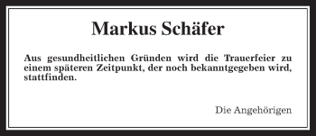 Traueranzeige von Markus Schäfer von Wetterauer Zeitung