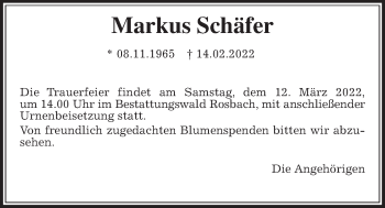 Traueranzeige von Markus Schäfer von Wetterauer Zeitung