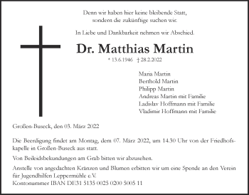Traueranzeige von Matthias Martin von Giessener Allgemeine, Alsfelder Allgemeine, Giessener Anzeiger