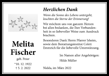 Traueranzeige von Melita Fischer von Kreis-Anzeiger