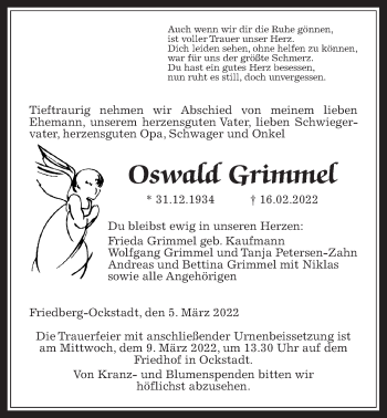 Traueranzeige von Oswald Grimmel von Wetterauer Zeitung