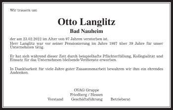 Traueranzeige von Otto Langlitz von Wetterauer Zeitung