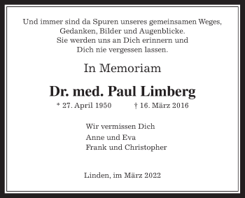 Traueranzeige von Paul Limberg von Alsfelder Allgemeine, Giessener Allgemeine, Giessener Anzeiger