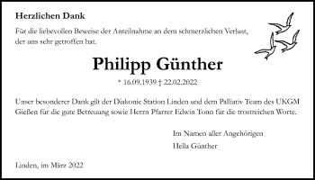 Traueranzeige von Philipp Günther von Giessener Allgemeine, Alsfelder Allgemeine, Giessener Anzeiger