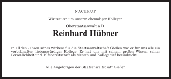Traueranzeige von Reinhard Hübner von Giessener Allgemeine, Alsfelder Allgemeine, Giessener Anzeiger