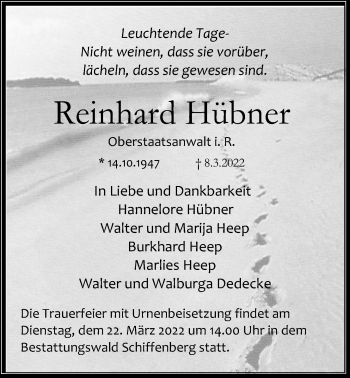 Traueranzeige von Reinhard Hübner von Giessener Anzeiger