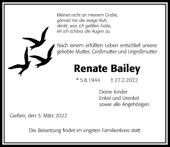 Traueranzeige von Renate Bailey von Giessener Anzeiger