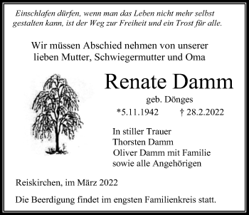 Traueranzeige von Renate Damm von Giessener Allgemeine, Alsfelder Allgemeine