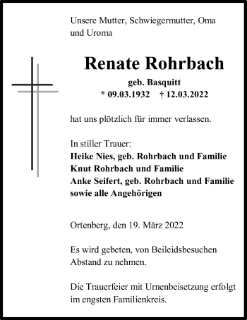 Traueranzeige von Renate Rohrbach von Kreis-Anzeiger