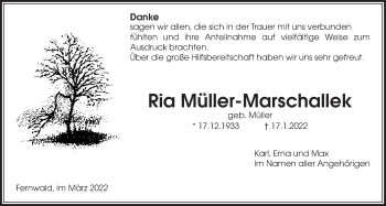 Traueranzeige von Ria Müller-Marschallek von Giessener Allgemeine, Alsfelder Allgemeine, Giessener Anzeiger