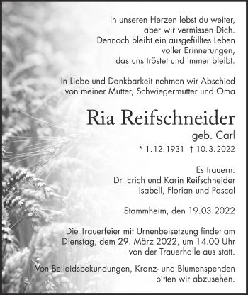 Traueranzeige von Ria Reifschneider von Wetterauer Zeitung