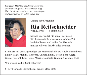 Traueranzeige von Ria Reifschneider von Wetterauer Zeitung