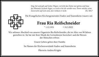 Traueranzeige von Ria Reifschneider von Wetterauer Zeitung