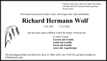 Traueranzeige von Richard Hermann Wolf von Kreis-Anzeiger