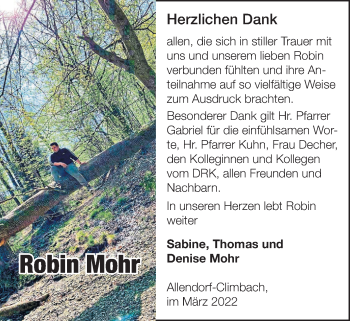 Traueranzeige von Robin Mohr von Allendorfer Mitteilungen