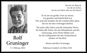 Traueranzeige von Rolf Gruninger von Giessener Allgemeine, Alsfelder Allgemeine, Giessener Anzeiger, Rabenauer Zeitung
