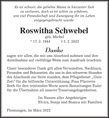 Traueranzeige von Roswitha Schwebel von Mücker Stimme