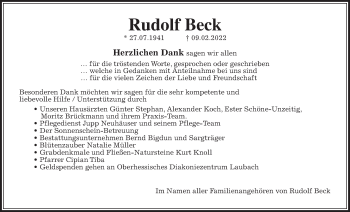 Traueranzeige von Rudolf Beck von Laubacher Anzeiger