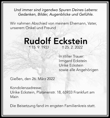 Traueranzeige von Rudolf Eckstein von Giessener Anzeiger