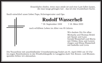 Traueranzeige von Rudolf Wasserheß von Wetterauer Zeitung, Giessener Allgemeine, Alsfelder Allgemeine