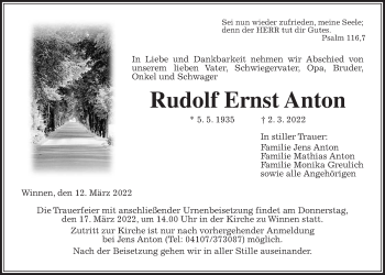 Traueranzeige von Rudolf Ernst Anton von Giessener Allgemeine, Alsfelder Allgemeine, Giessener Anzeiger