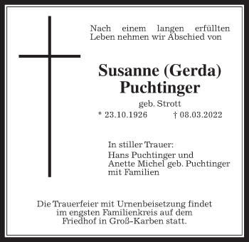 Traueranzeige von Susanne Puchtinger von Bad Vilbel/Karben