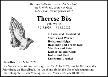 Traueranzeige von Therese Bös 