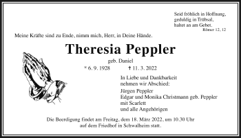 Traueranzeige von Theresia Peppler von Wetterauer Zeitung