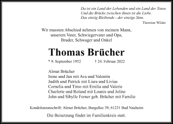 Traueranzeige von Thomas Brücher von Wetterauer Zeitung
