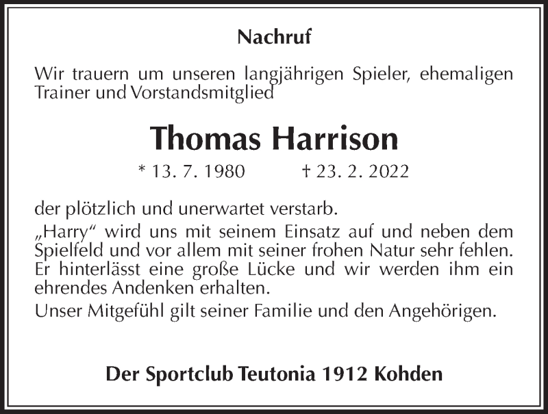  Traueranzeige für Thomas Harrison vom 12.03.2022 aus Kreis-Anzeiger