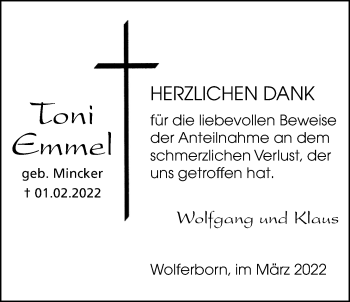 Traueranzeige von Toni Emmel von Kreis-Anzeiger