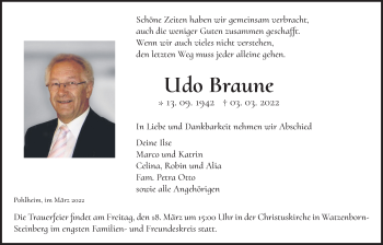 Traueranzeige von Udo Braune von Giessener Allgemeine, Alsfelder Allgemeine, Giessener Anzeiger
