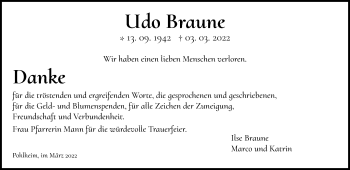 Traueranzeige von Udo Braune von Pohlheimer Nachrichten