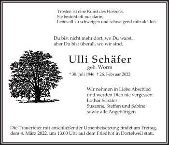 Traueranzeige von Ulli Schäfer von Bad Vilbel/Karben
