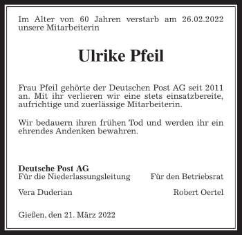 Traueranzeige von Ulrike Pfeil von Alsfelder Allgemeine