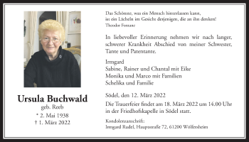 Traueranzeige von Ursula Buchwald von Wetterauer Zeitung