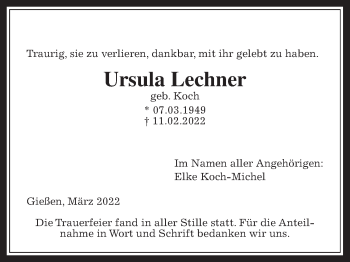 Traueranzeige von Ursula Lechner von Giessener Allgemeine, Alsfelder Allgemeine