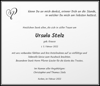 Traueranzeige von Ursula Stelz von Bad Vilbel/Karben
