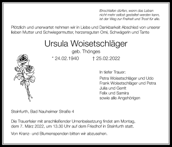 Traueranzeige von Ursula Woisetschläger von Wetterauer Zeitung