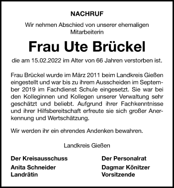 Traueranzeige von Ute Brückel von Giessener Anzeiger, Giessener Allgemeine, Alsfelder Allgemeine