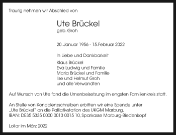 Traueranzeige von Ute Brückel von Giessener Allgemeine, Alsfelder Allgemeine