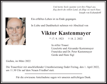 Traueranzeige von Viktor Kastenmayer von Giessener Anzeiger