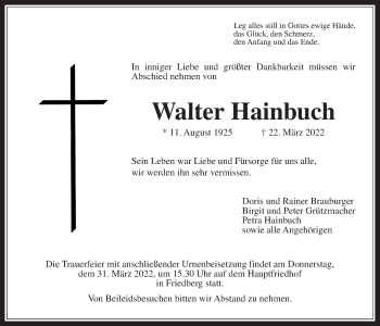 Traueranzeige von Walter Hainbuch von Wetterauer Zeitung