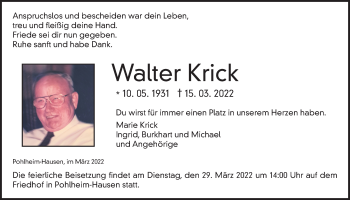 Traueranzeige von Walter Krick von Giessener Allgemeine, Alsfelder Allgemeine