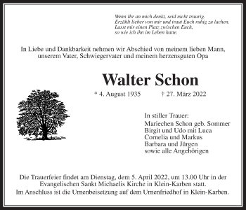 Traueranzeige von Walter Schon von Wetterauer Zeitung, Bad Vilbeler Anzeiger, Karbener Zeitung